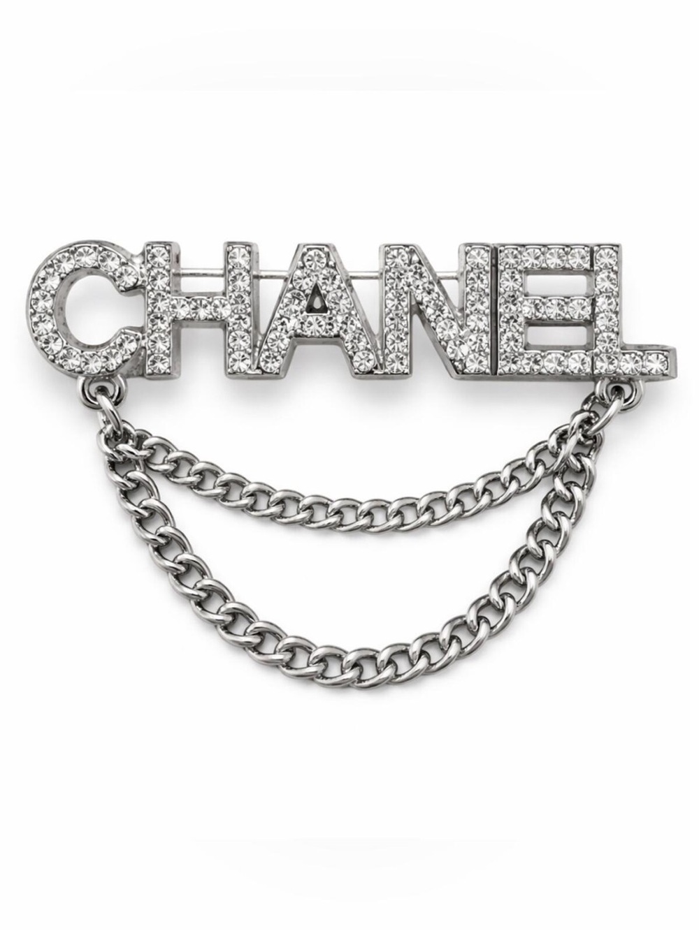 CHANEL Silver Crystal Double Chain Brooch